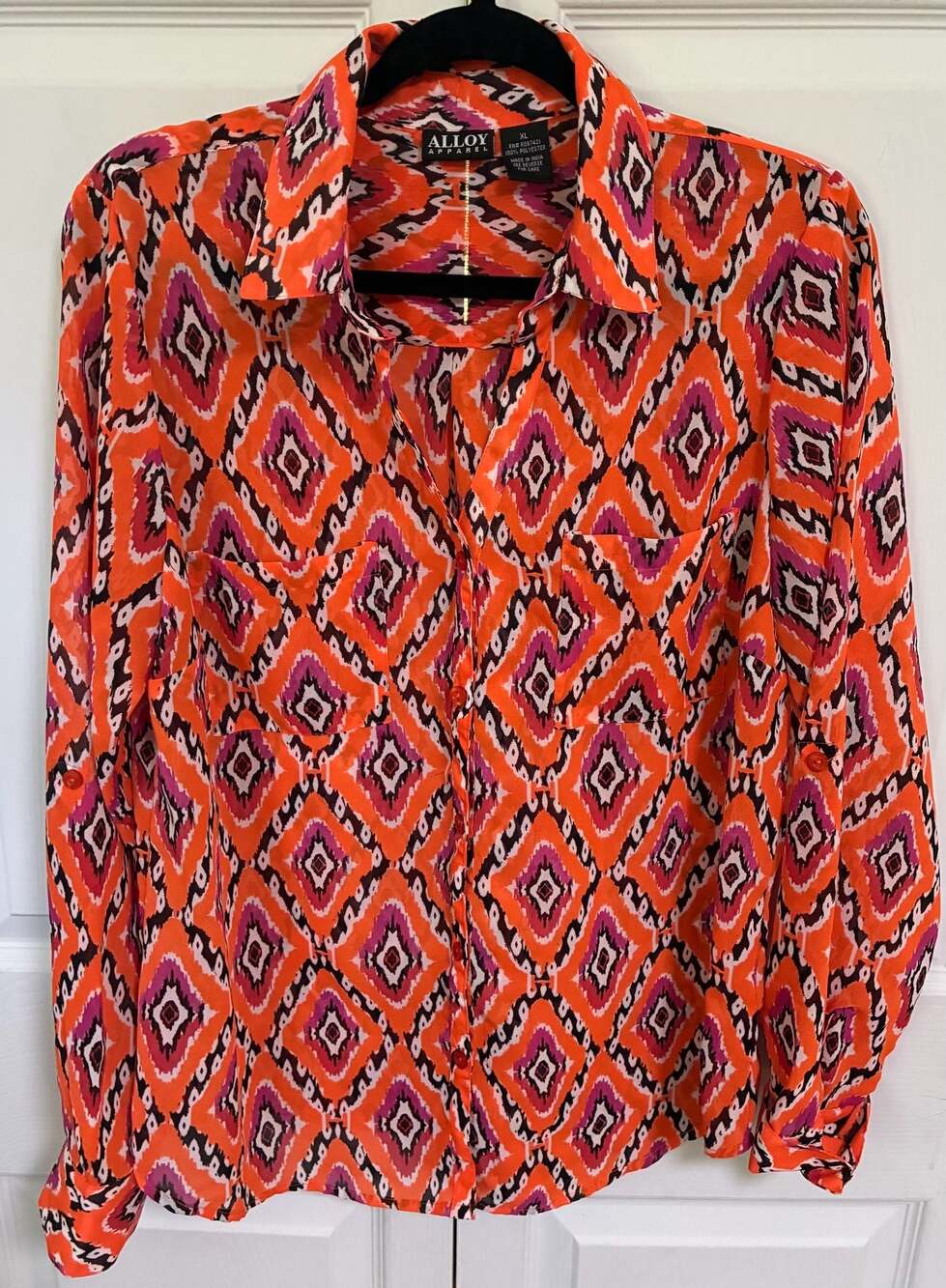 Alloy Apparel Orange and Pink Ikat Print Button Down Blouse